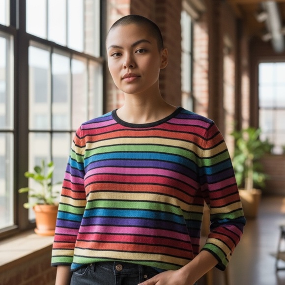 City Silk Colorful Striped Silk Crew Neck Sweater SZ XL - Picture 11 of 12